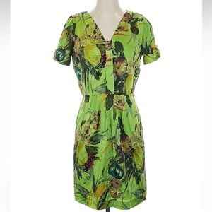 Etcetera Pastoral Green Silk Charmeuse Floral Retro 30s Midi Dress Size 4 Small